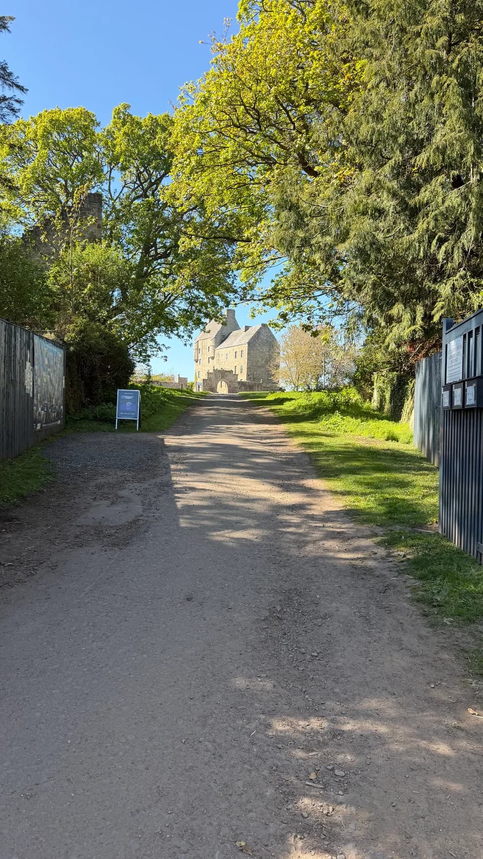 A quiet village lane lined with stone buildings and leafy trees