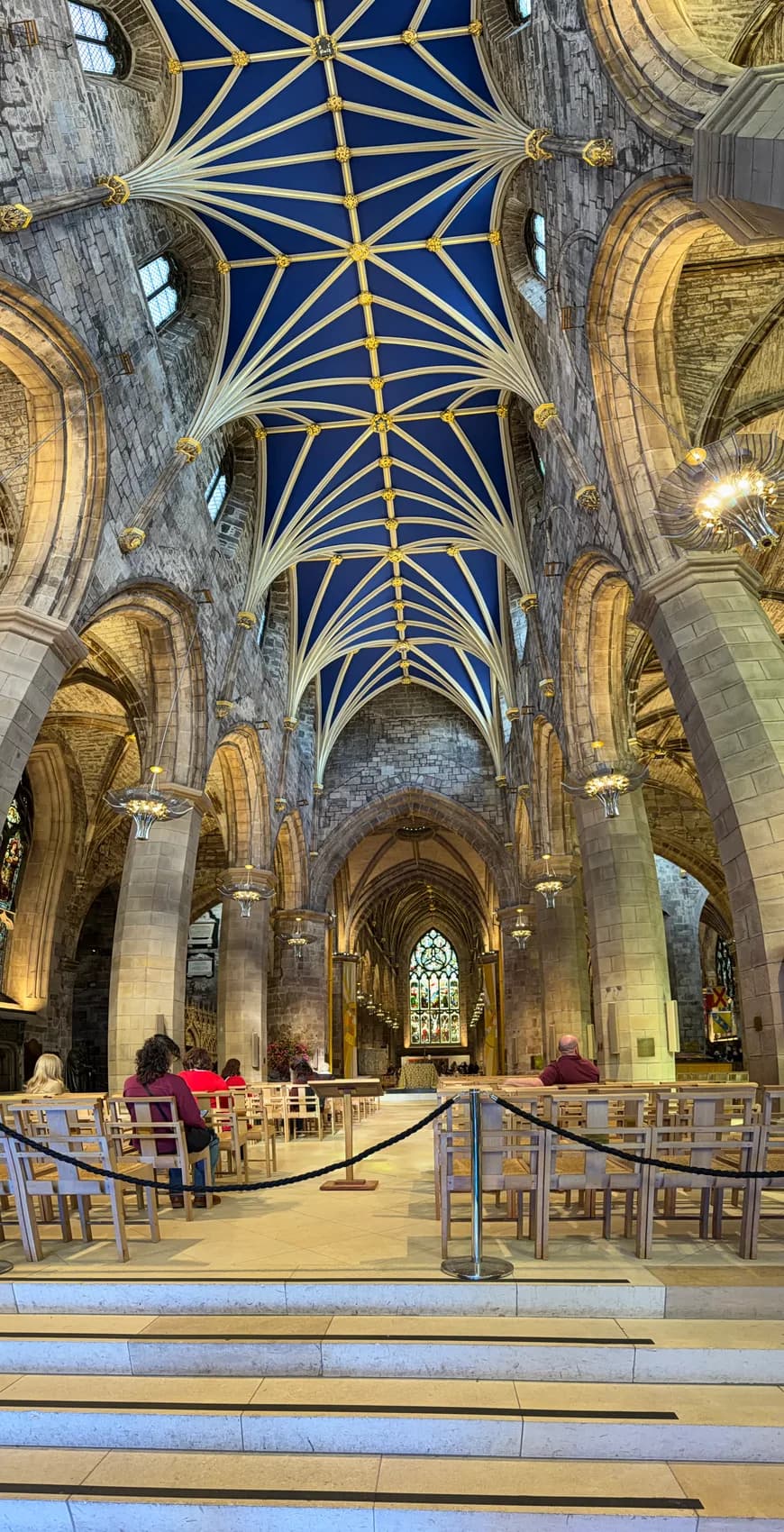 Ornate blue and gold vaulted ceiling in a Scottish church