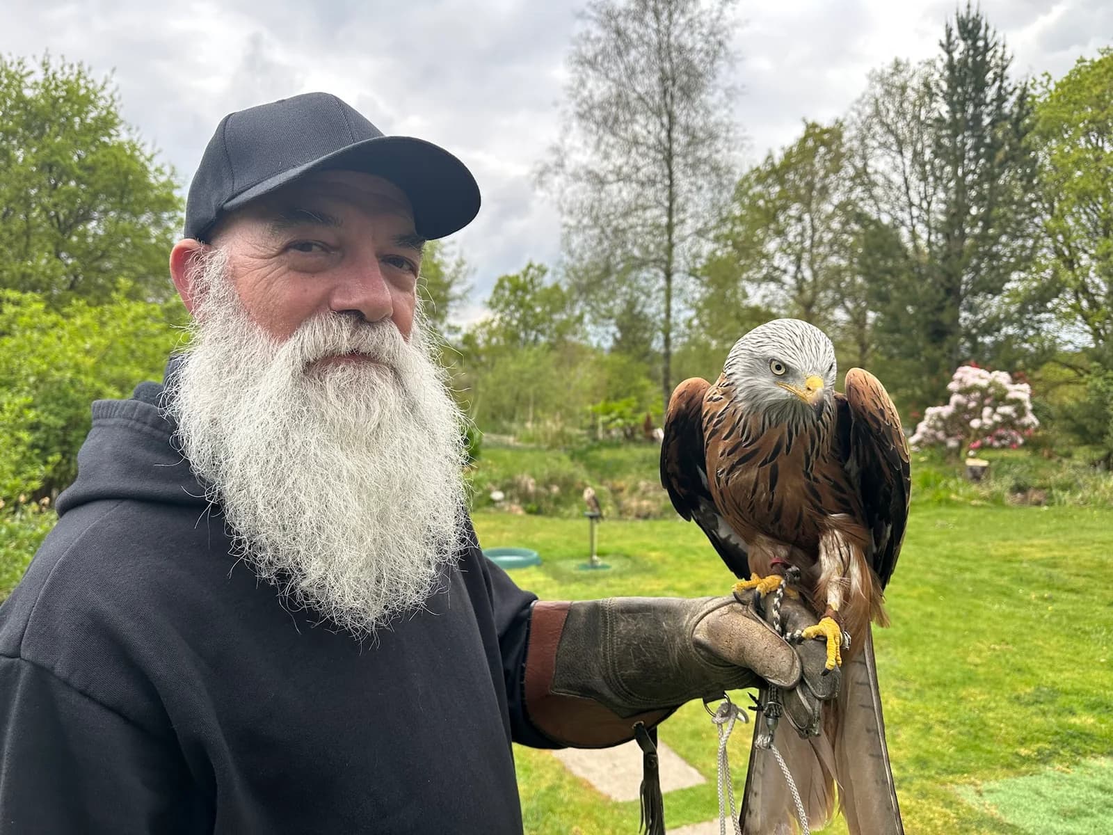 A McCormick guest holding a bird of prey on a falconry glove