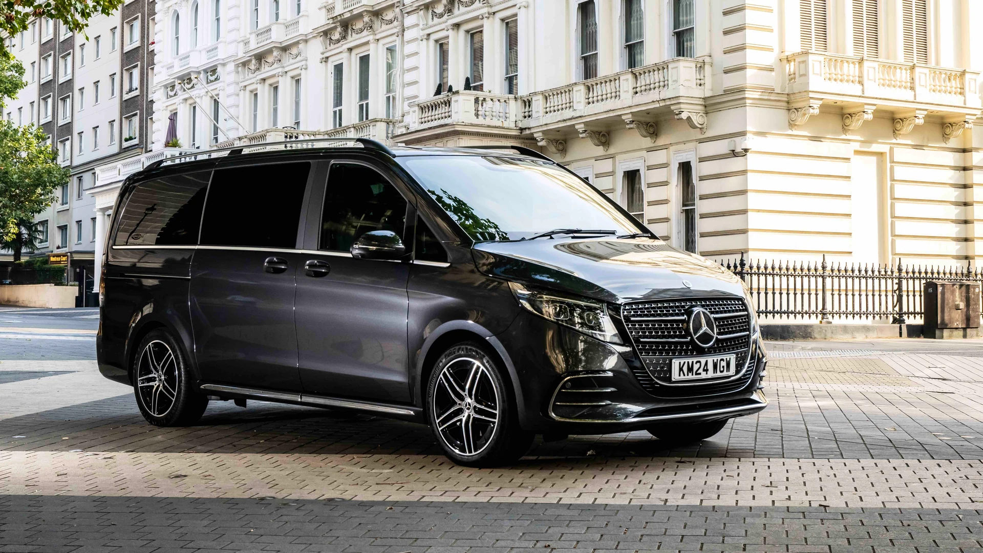 Grey Mercedes V Class, viewed from the front and side